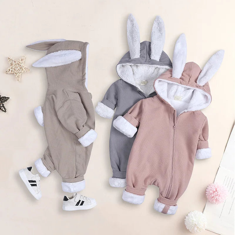 New Arrival Baby Zip up Romper Winter Warm Thick Jumpsuit Cartoon Hooded Ear Pullout Overral Baby Clothes