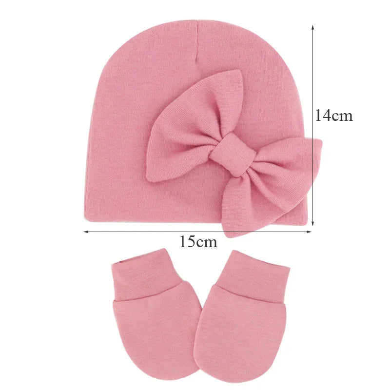 2Pcs Newborn Hat Gloves Set Princess Big Bow Baby Girl Beanie Cotton Toddler Bonnet Infant Cap for Girls Accessories 0-6M