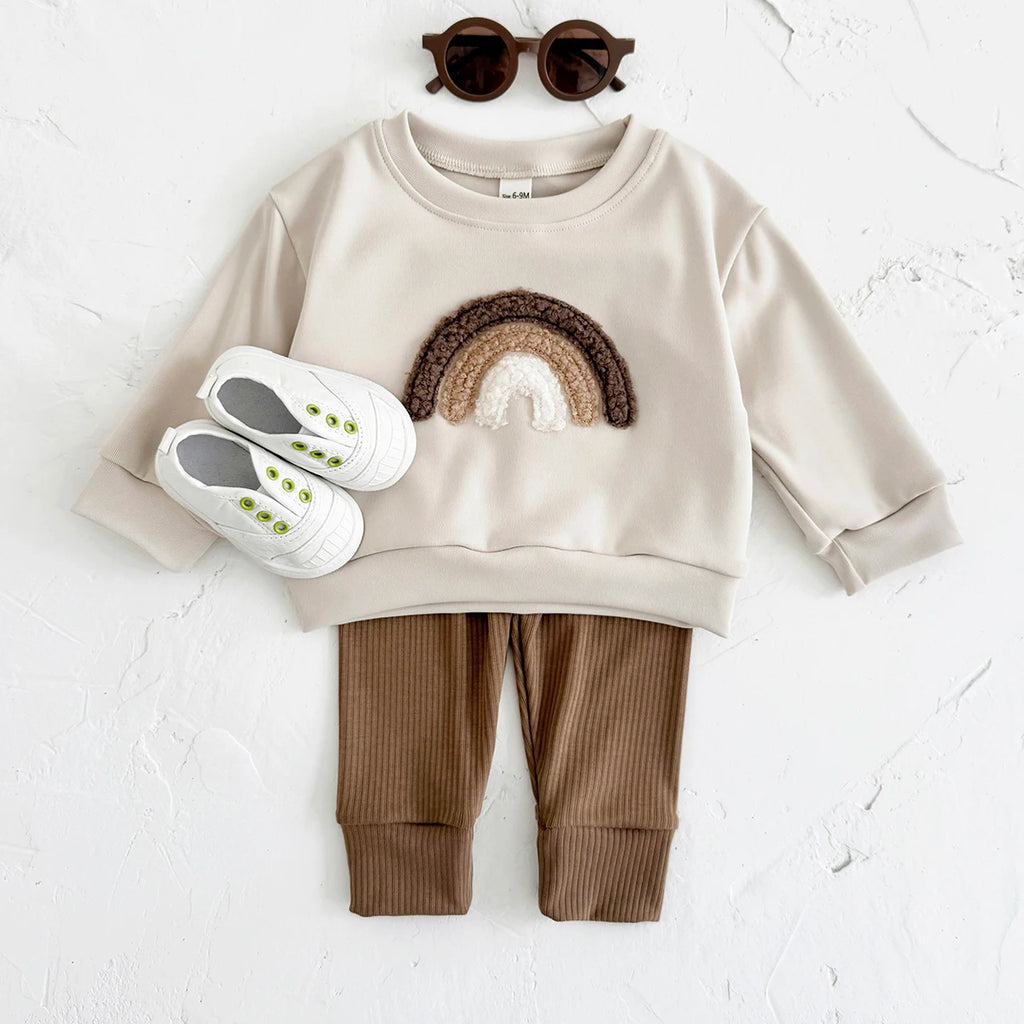 New Baby Casual Wear Sets Rainbow Patchwork Pullover with Top and Bottom for Boys and Girls Spring Autumn Infant Outfit