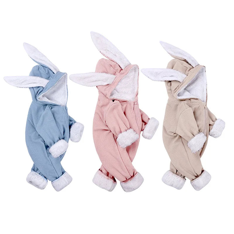 New Arrival Baby Zip up Romper Winter Warm Thick Jumpsuit Cartoon Hooded Ear Pullout Overral Baby Clothes