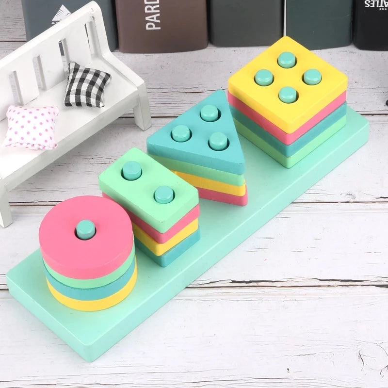 Hot Kids Montessori Wooden Toys Macaron Blocks Learning Toy Baby Music Rattles Graphic Colorful Wooden Blocks Educational Toy