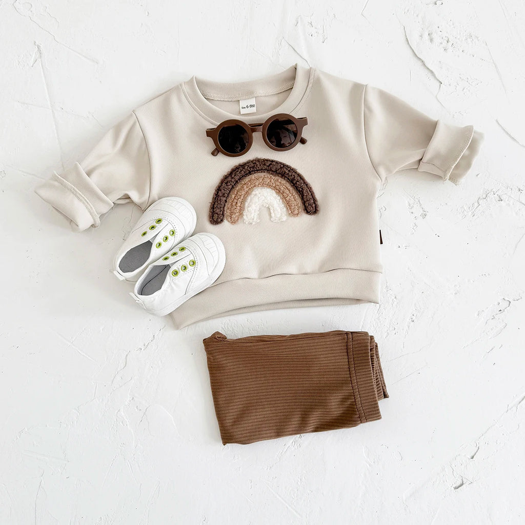 New Baby Casual Wear Sets Rainbow Patchwork Pullover with Top and Bottom for Boys and Girls Spring Autumn Infant Outfit