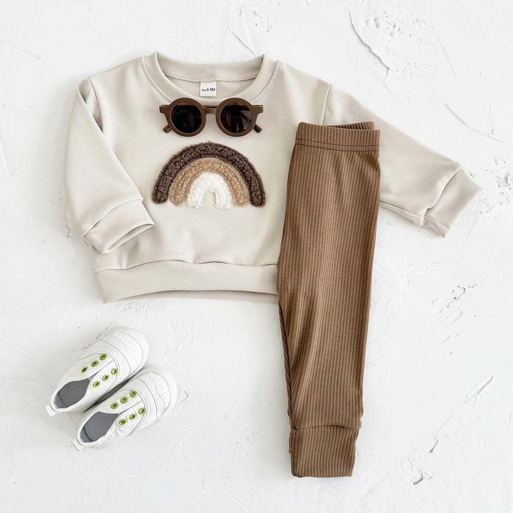 New Baby Casual Wear Sets Rainbow Patchwork Pullover with Top and Bottom for Boys and Girls Spring Autumn Infant Outfit