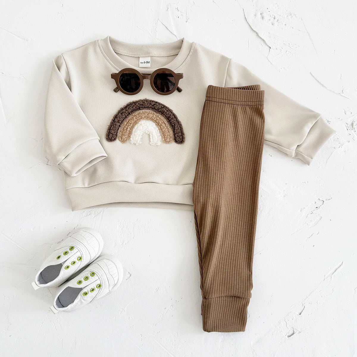 New Baby Casual Wear Sets Rainbow Patchwork Pullover with Top and Bottom for Boys and Girls Spring Autumn Infant Outfit