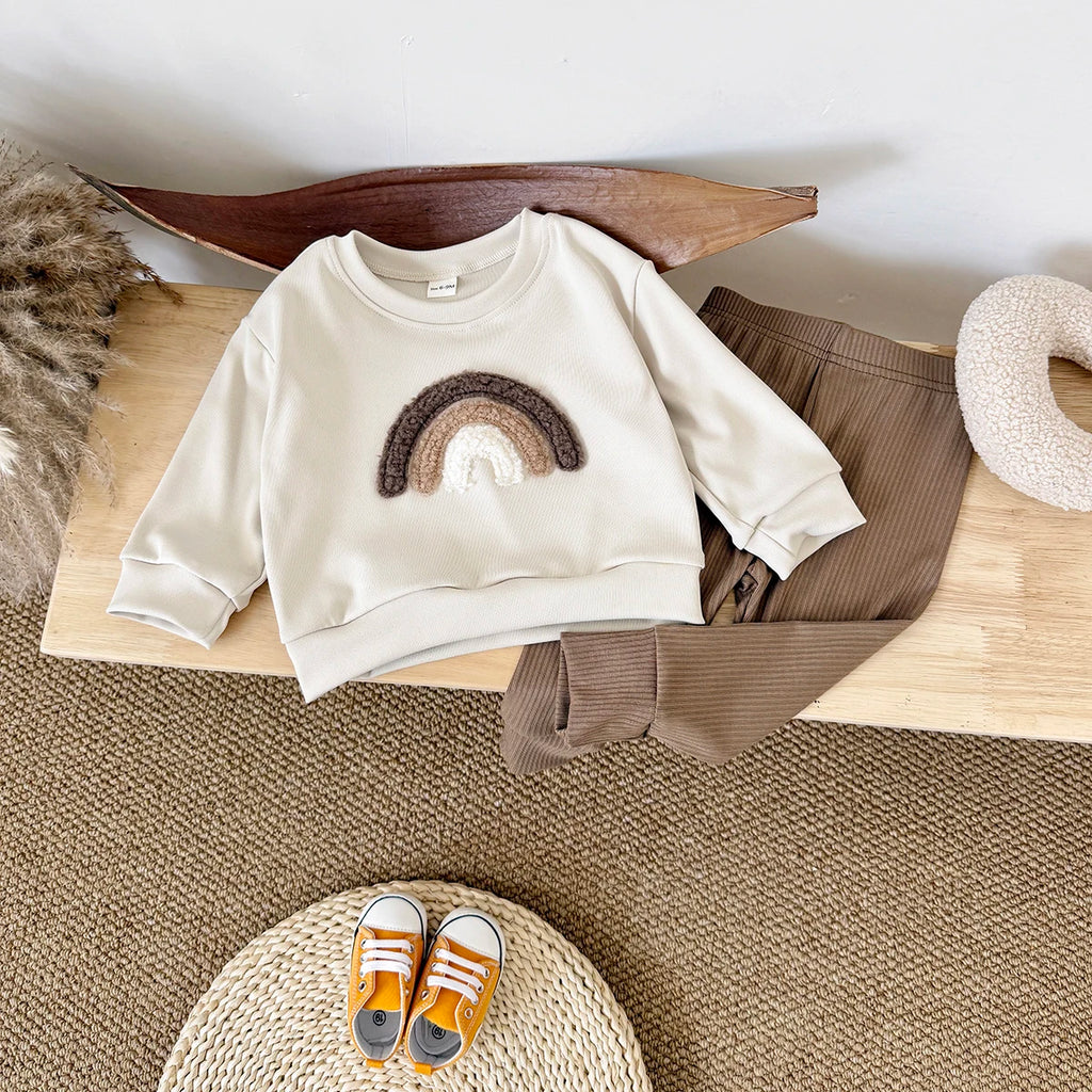 New Baby Casual Wear Sets Rainbow Patchwork Pullover with Top and Bottom for Boys and Girls Spring Autumn Infant Outfit