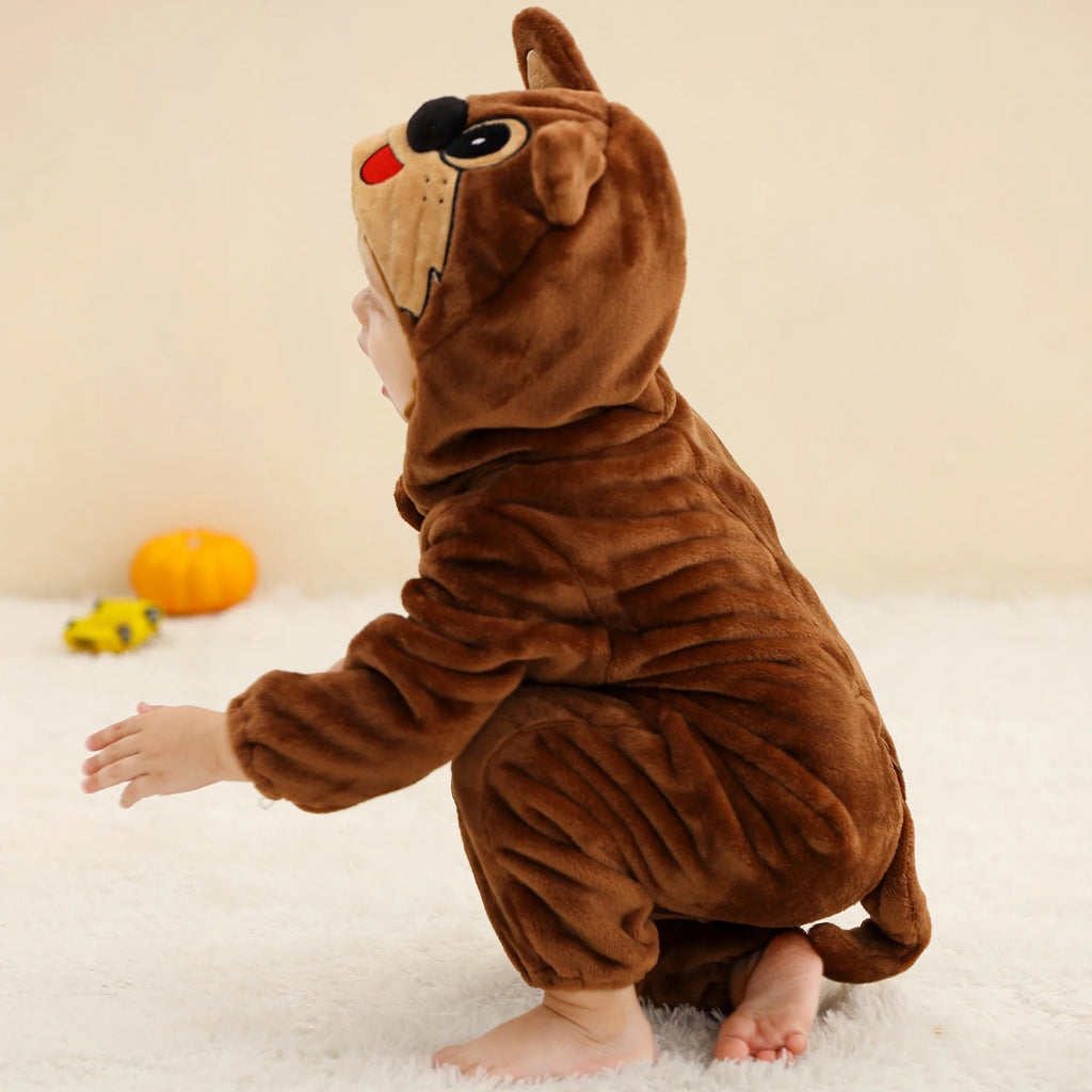 Michley Wholesale OEM High Quality Flannel Rompers Newborn Baby Clothes Cute Brown Animal Onesie Zipper Rompers Kids Pyjamas