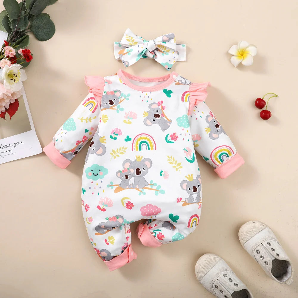Newborn Baby Girl Bodysuit Cute Little koala Bodysuit+Headband2pcs fit 1-12Months Lnfant Baby Spring and Autumn Crawler Suit