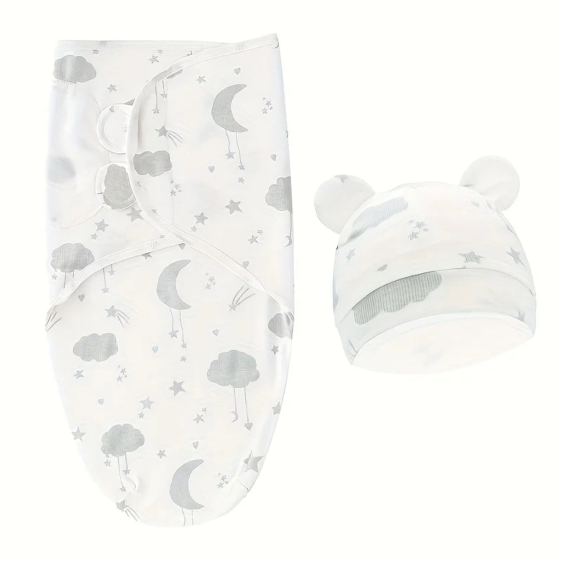 1PC Baby Swaddle Set with Hat, Soft Gray, Star, Cloud & Moon Patterns for Boys and Girls, Holiday Gift