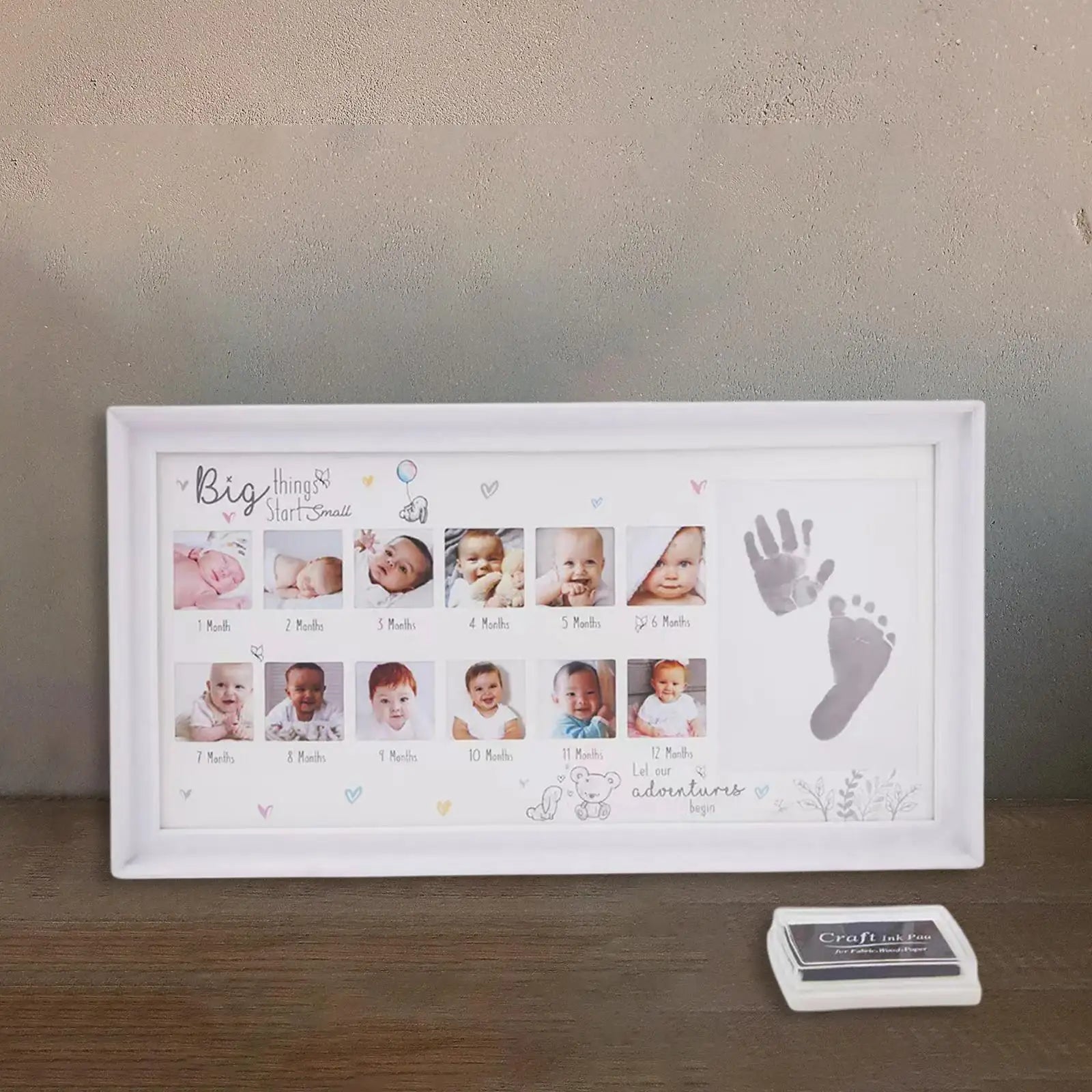 Baby Photo Frame Newborn DIY 0-12 Month Kids Gift My First Year Baby Shower Picture Frame with Ink Pad Footprint & Handprint