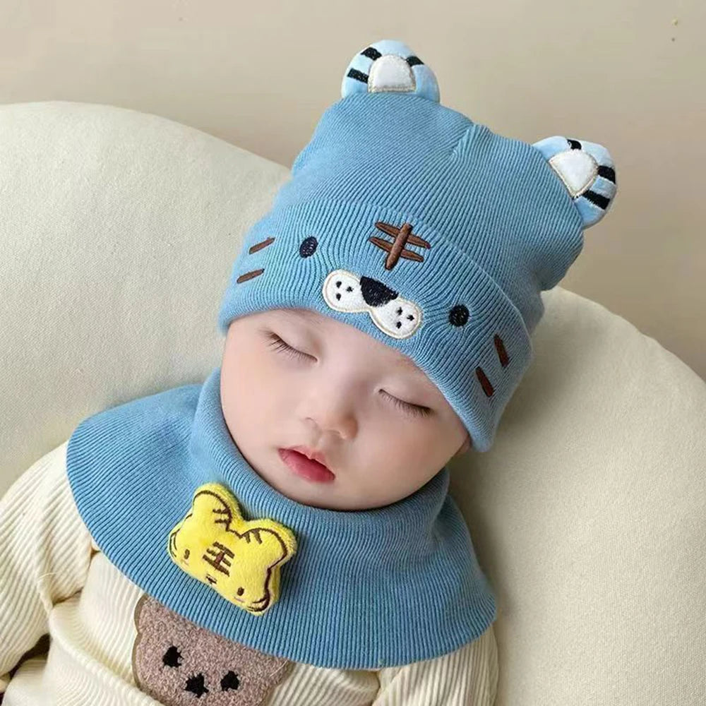Baby Hat Scarf Two-piece Set Autumn Winter Baby Cute Tiger Woolen Beanies Hats Warm Newborn Boys Girls Caps For Kids 0-12 Month