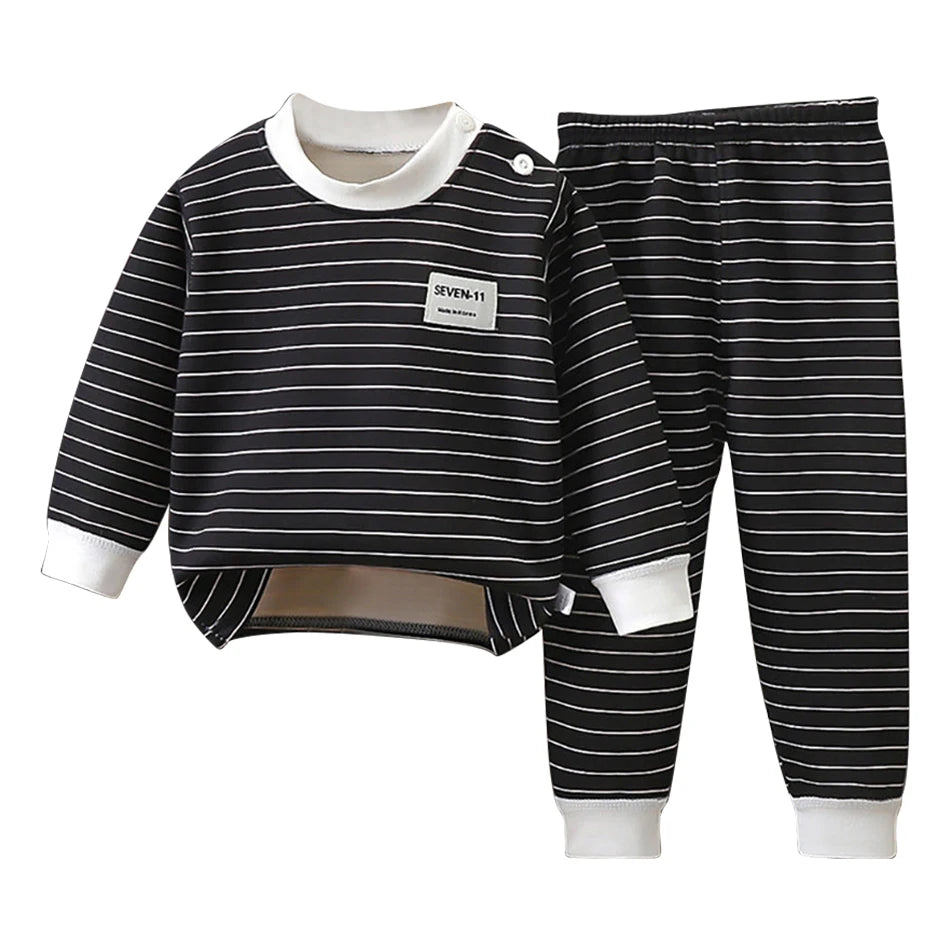 Baby Warm Clothing Set Fleece Lined Children Boys Girls Striped Underwear Sleepwear Set Ideal for Home Pajamas Autumn Winter