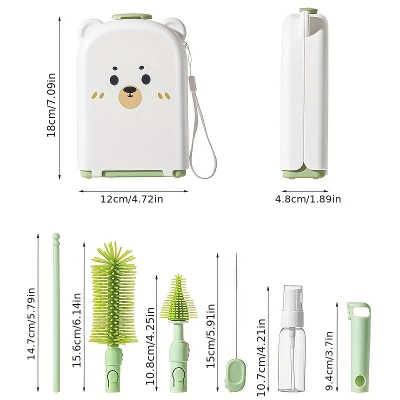 Travel Baby Bottle Brush Set - Newborn Safe Silicone Cleaning Brushes with Storage Box for Bottles, Nipples & Accessories