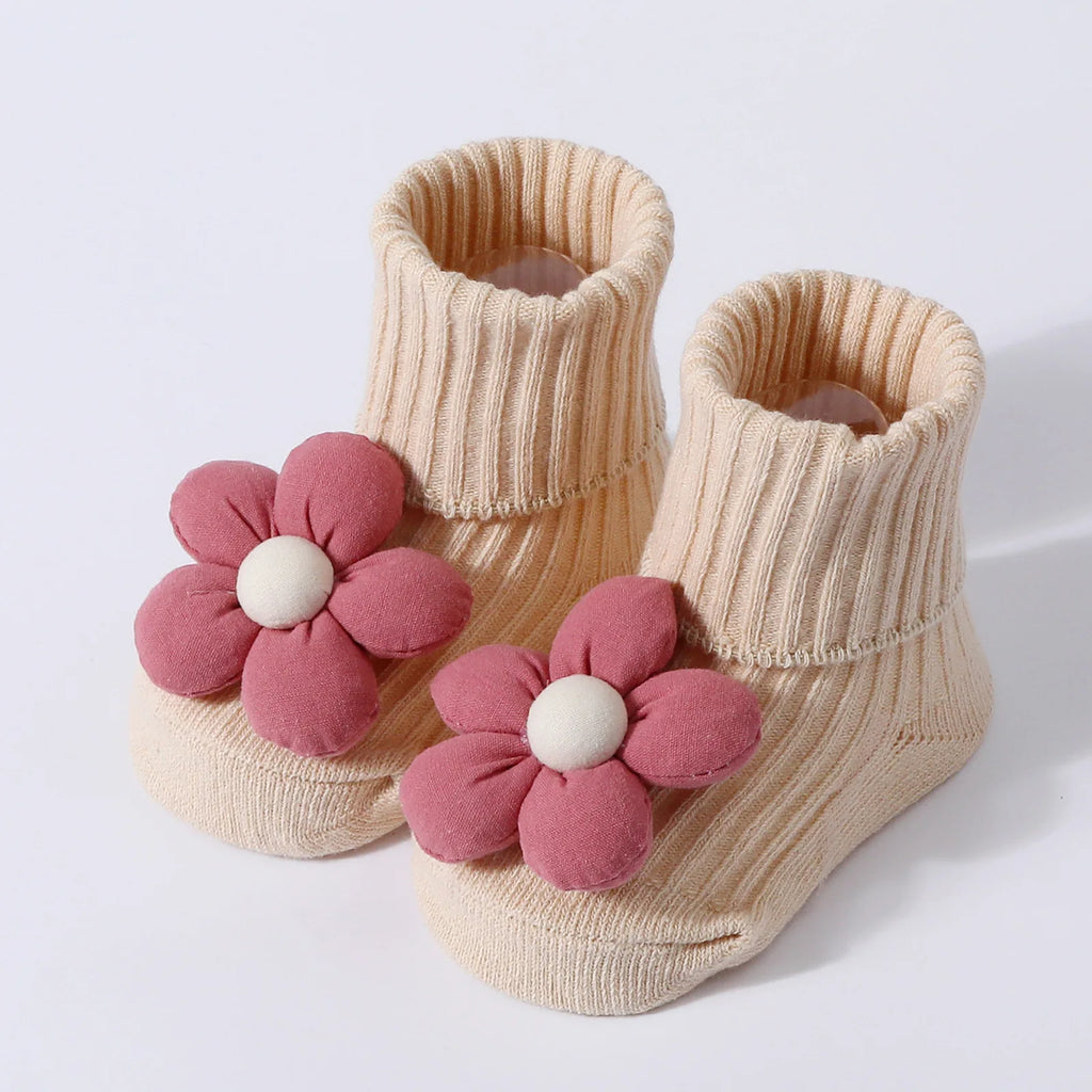 Baby Socks for Girl Anti-Slip Toddler Flower Mid Sock Anti-Slip First Walking Baby Socks 0-12M Knitted Cotton Elastic Tube Socks