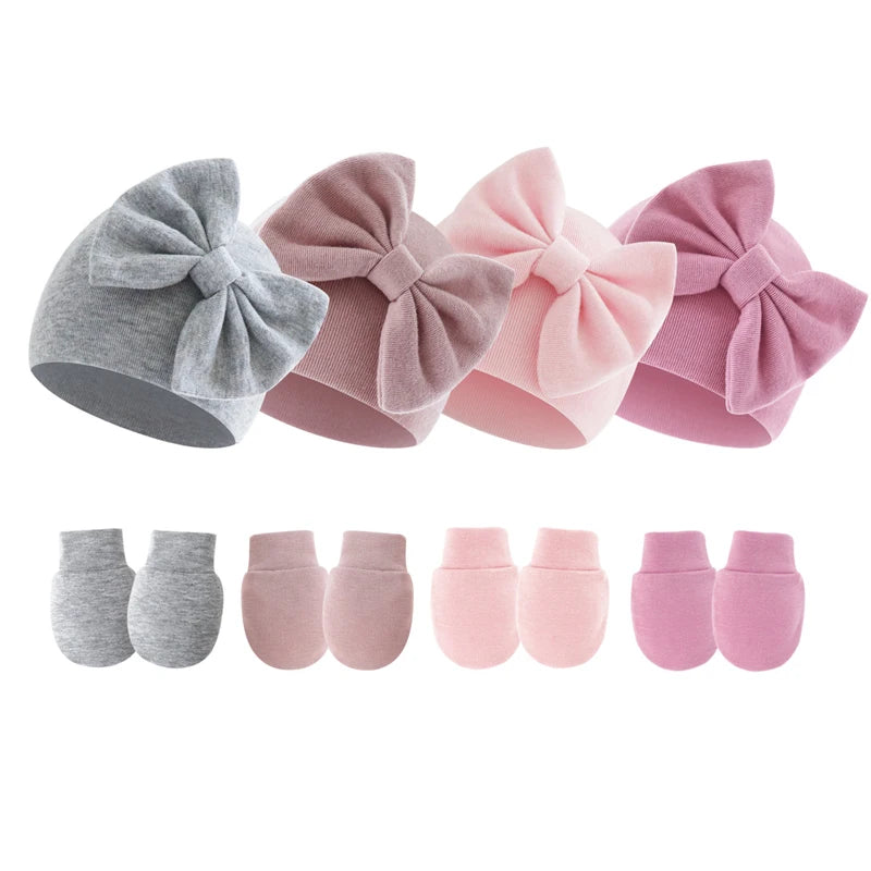 2Pcs Newborn Hat Gloves Set Princess Big Bow Baby Girl Beanie Cotton Toddler Bonnet Infant Cap for Girls Accessories 0-6M