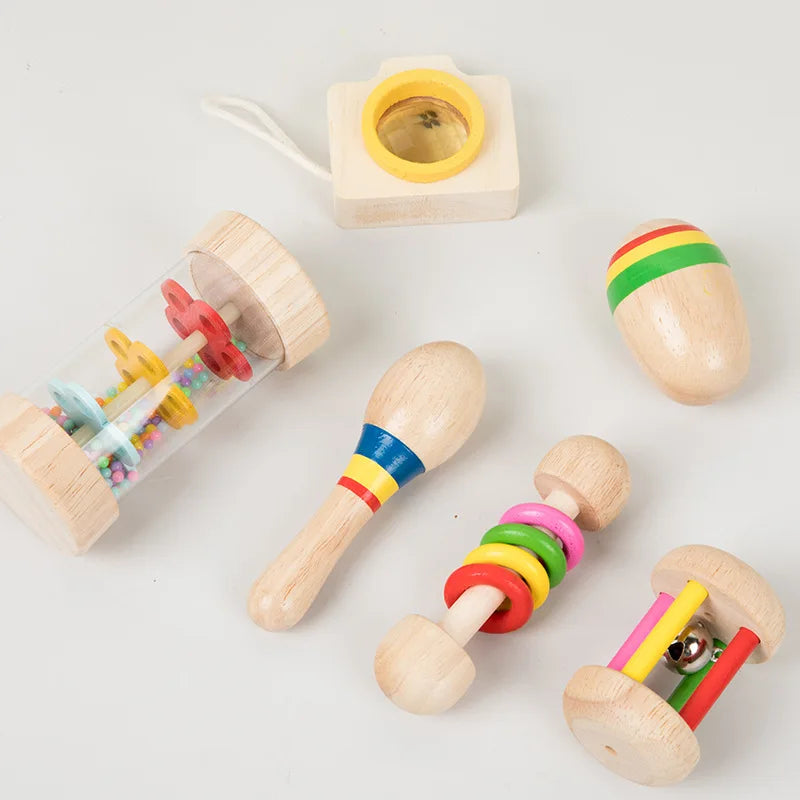 6pcs/set Wooden Musical Instruments Toys, Small Rattle, Sand Hammer, Sand Ball, Shake Bell Kaleidoscope, Griping Practice Toys