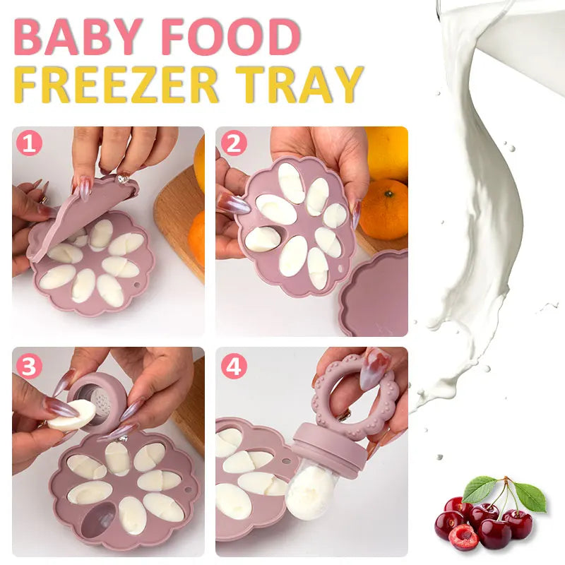 Silicone Baby Fruit Feeder & Mini Freezer Snack Tray & Pacifier Clip BPA-Free Silicone Teether Self-Feeding Extra Food Pouch