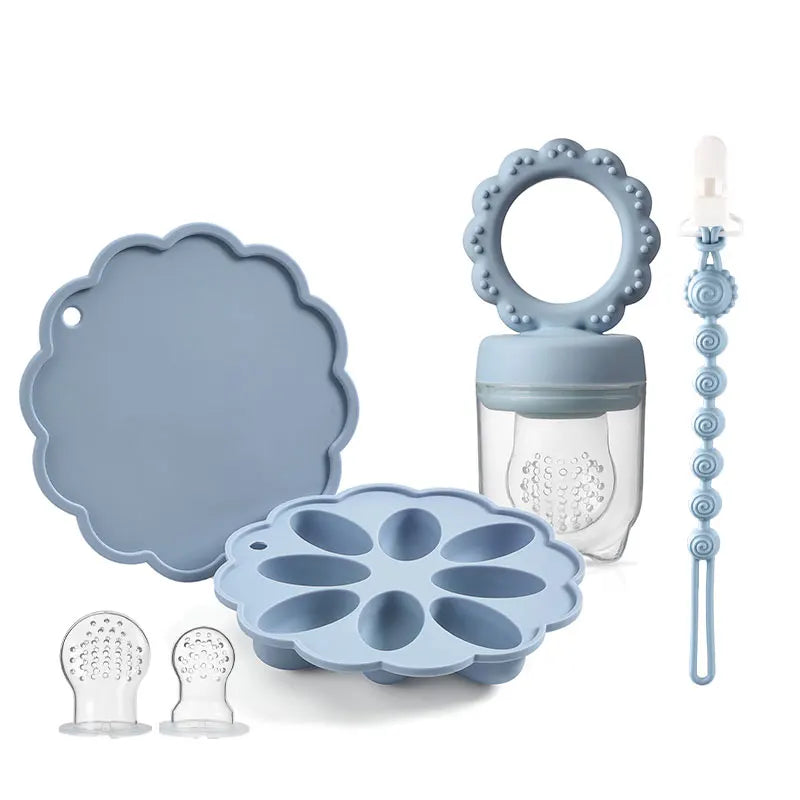 Silicone Baby Fruit Feeder & Mini Freezer Snack Tray & Pacifier Clip BPA-Free Silicone Teether Self-Feeding Extra Food Pouch