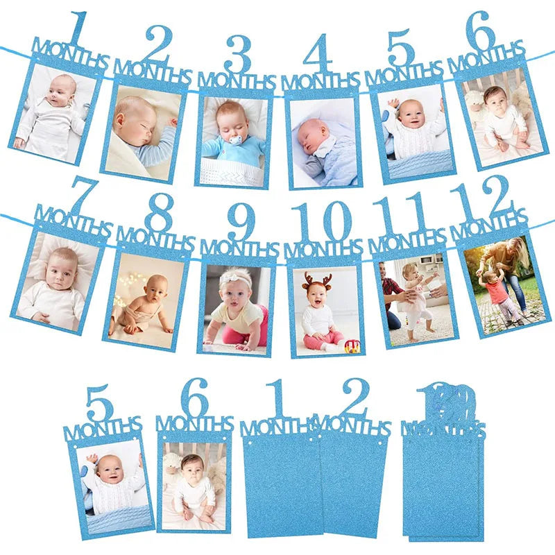 Baby First Birthday Banner, kraft paper Growth Record 1-12 Month Photo Props Baby Boy Girl Party Decoration Supplies