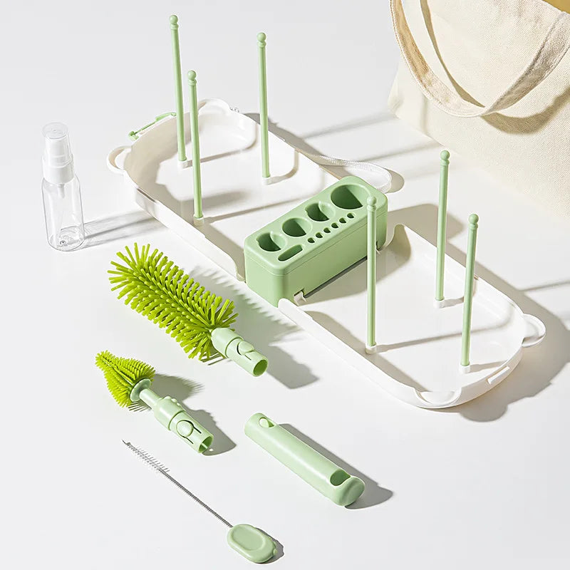 Travel Baby Bottle Brush Set - Newborn Safe Silicone Cleaning Brushes with Storage Box for Bottles, Nipples & Accessories