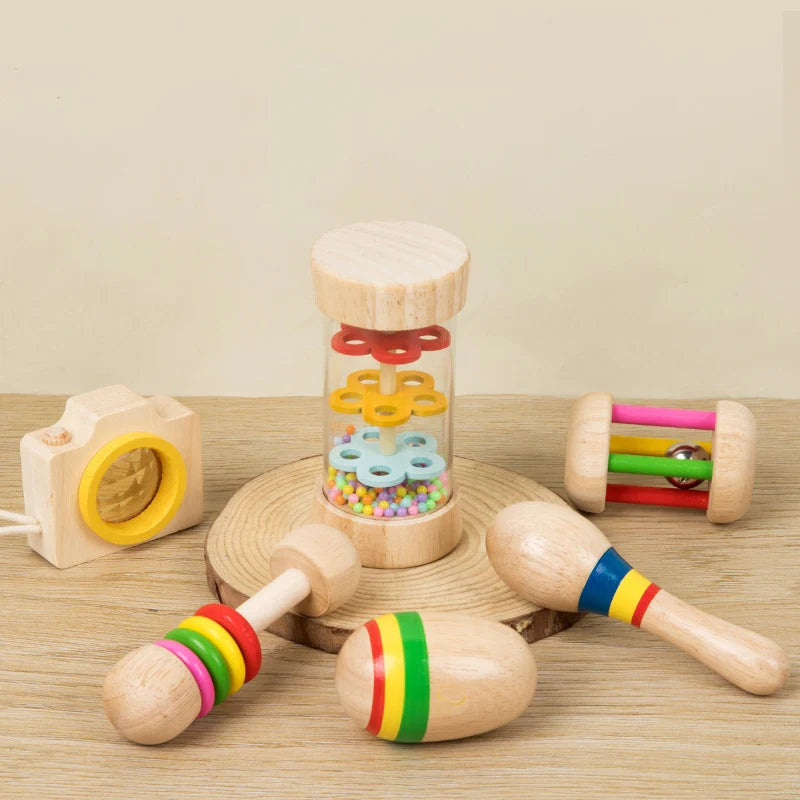 6pcs/set Wooden Musical Instruments Toys, Small Rattle, Sand Hammer, Sand Ball, Shake Bell Kaleidoscope, Griping Practice Toys