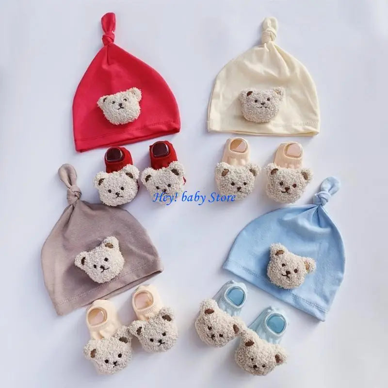Q1FE Baby Hat Socks Set Infant Beanie Cap Newborn Bonnet Shower Gift for Boys GirLS