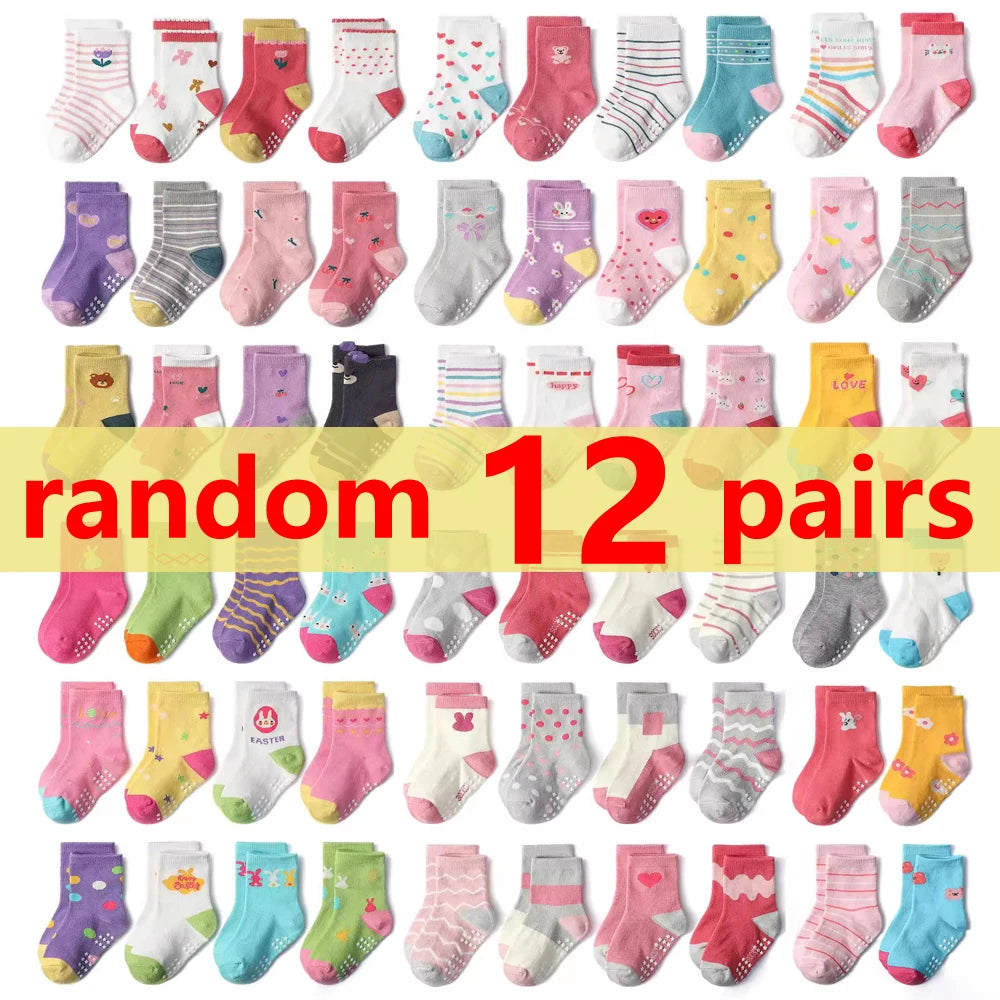 1/3/6/9/12 Pairs Kids Socks Sets for Baby Girls Cotton Non-slip Cute Cartoon Patterned Breathable Baby Trampoline Floor Socks