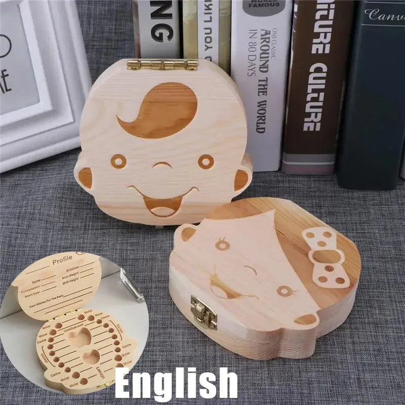 1pc Baby Tooth Box English Wooden Kids Milk Teeth Organizer Storage Boys Girls Fetal Teeth Baby Souvenirs Gifts Keepsakes