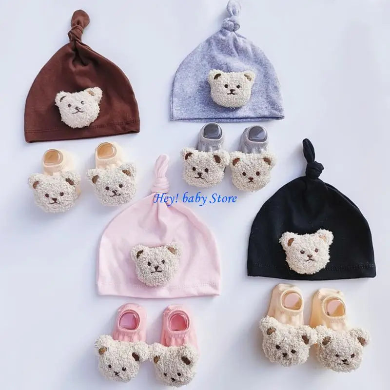 Q1FE Baby Hat Socks Set Infant Beanie Cap Newborn Bonnet Shower Gift for Boys GirLS