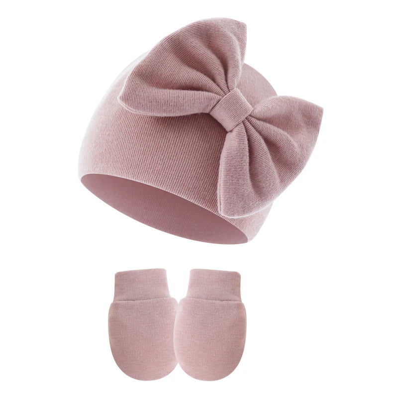 2Pcs Newborn Hat Gloves Set Princess Big Bow Baby Girl Beanie Cotton Toddler Bonnet Infant Cap for Girls Accessories 0-6M