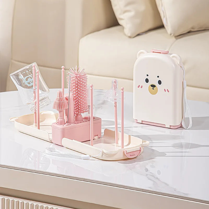 Travel Baby Bottle Brush Set - Newborn Safe Silicone Cleaning Brushes with Storage Box for Bottles, Nipples & Accessories