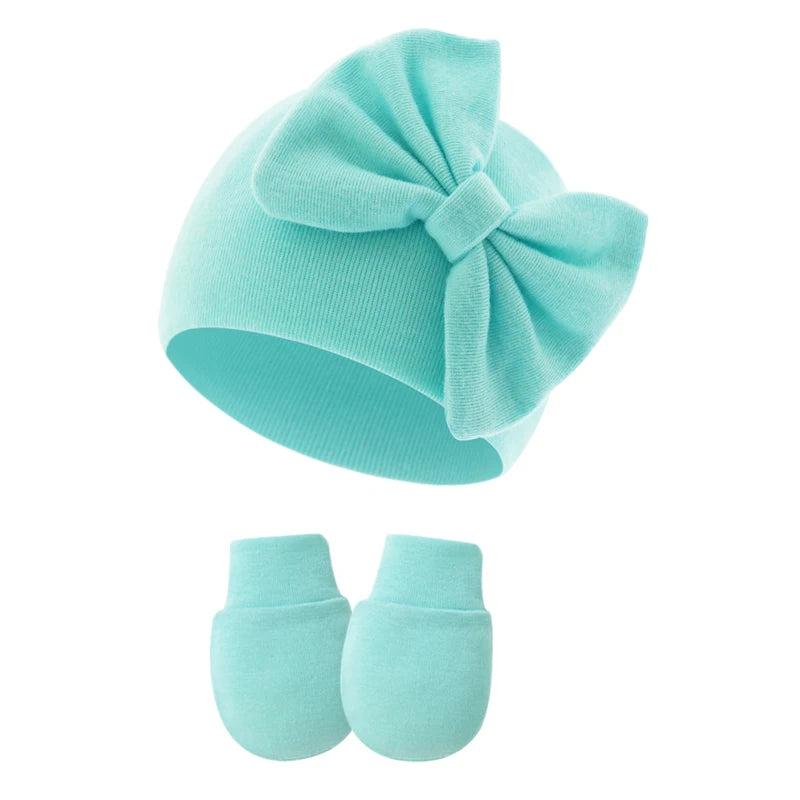 2Pcs Newborn Hat Gloves Set Princess Big Bow Baby Girl Beanie Cotton Toddler Bonnet Infant Cap for Girls Accessories 0-6M