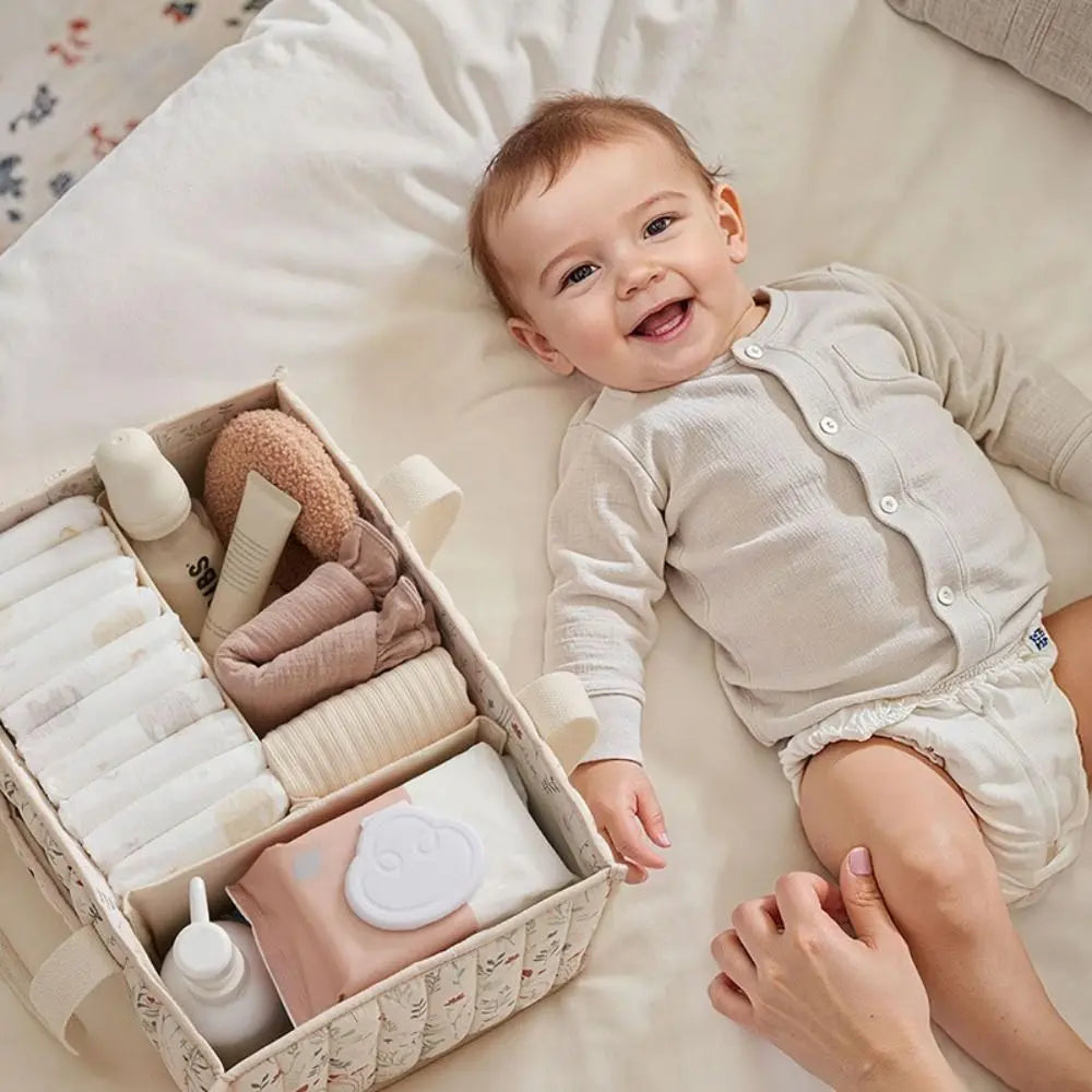 Large Capacity Baby Diaper Organizer Portable Floral Nursery Storage Basket Newborn Essentials Baby Diaper Storage Bag