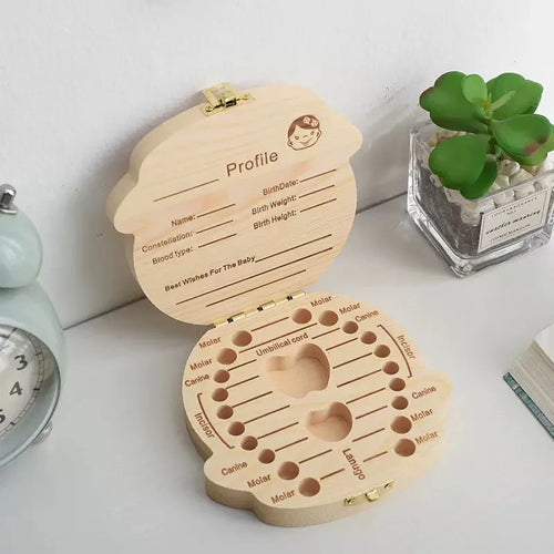1pc Baby Tooth Box English Wooden Kids Milk Teeth Organizer Storage Boys Girls Fetal Teeth Baby Souvenirs Gifts Keepsakes
