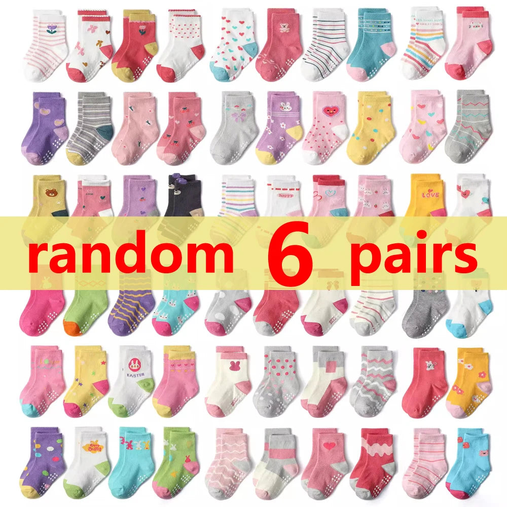 1/3/6/9/12 Pairs Kids Socks Sets for Baby Girls Cotton Non-slip Cute Cartoon Patterned Breathable Baby Trampoline Floor Socks