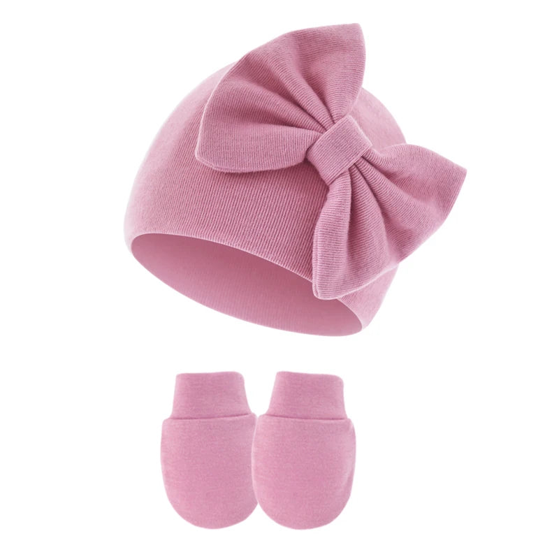 2Pcs Newborn Hat Gloves Set Princess Big Bow Baby Girl Beanie Cotton Toddler Bonnet Infant Cap for Girls Accessories 0-6M