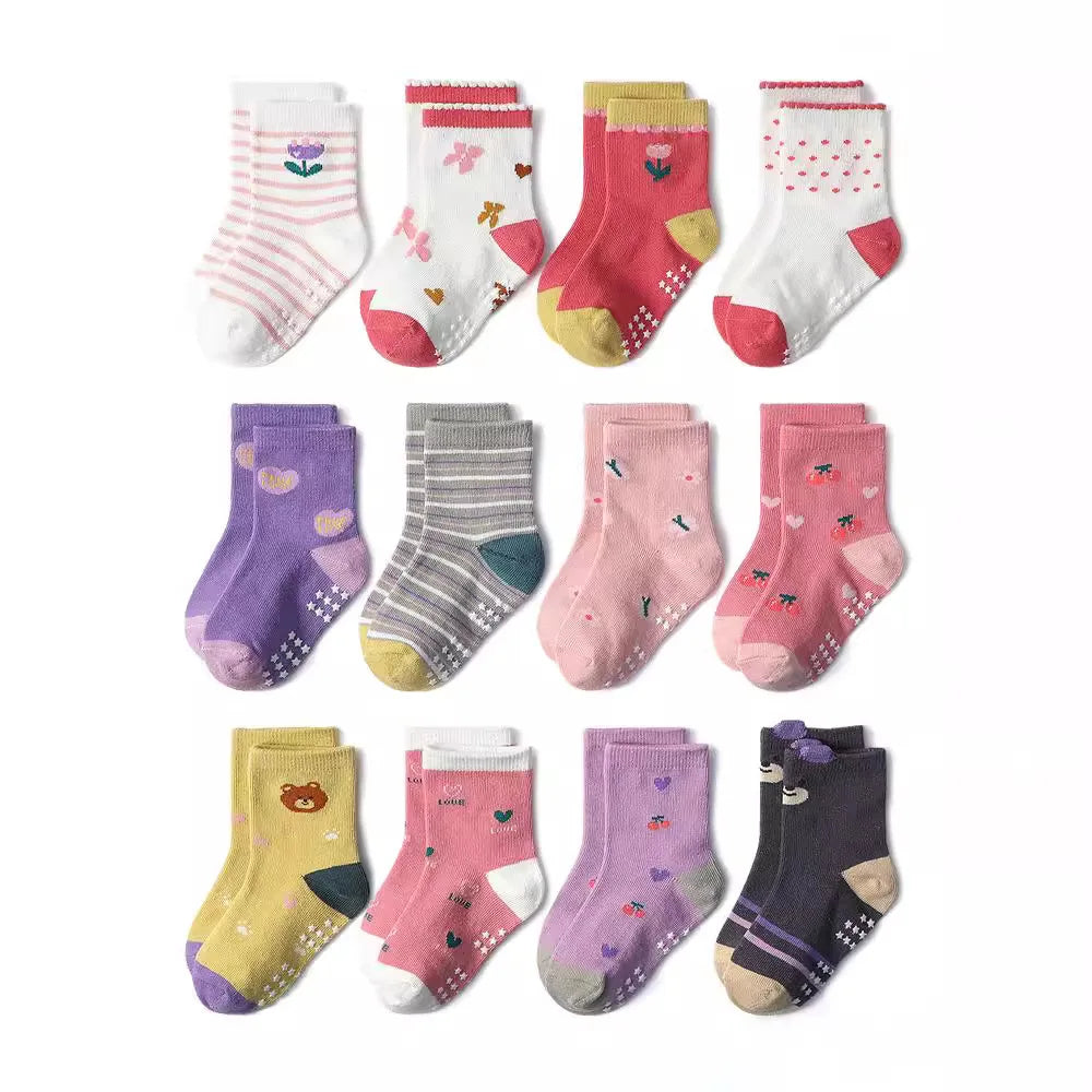 1/3/6/9/12 Pairs Kids Socks Sets for Baby Girls Cotton Non-slip Cute Cartoon Patterned Breathable Baby Trampoline Floor Socks
