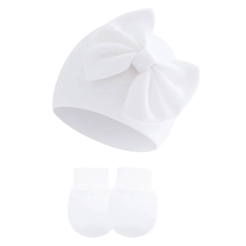 2Pcs Newborn Hat Gloves Set Princess Big Bow Baby Girl Beanie Cotton Toddler Bonnet Infant Cap for Girls Accessories 0-6M
