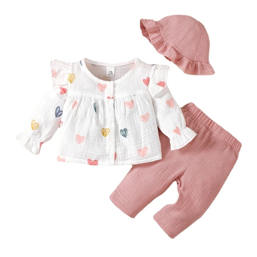 0-9 Months Baby Girl Clothing Set Love Printed Long Sleeve Top+Pink Pants+Hat 3PCS Spring&Autumn Fashion Sweet Style Clothes Set