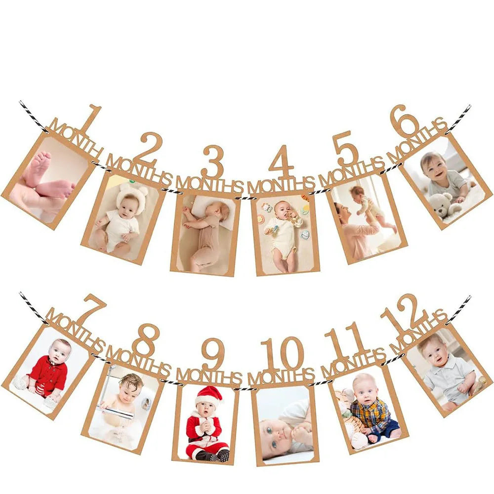 Baby First Birthday Banner, kraft paper Growth Record 1-12 Month Photo Props Baby Boy Girl Party Decoration Supplies