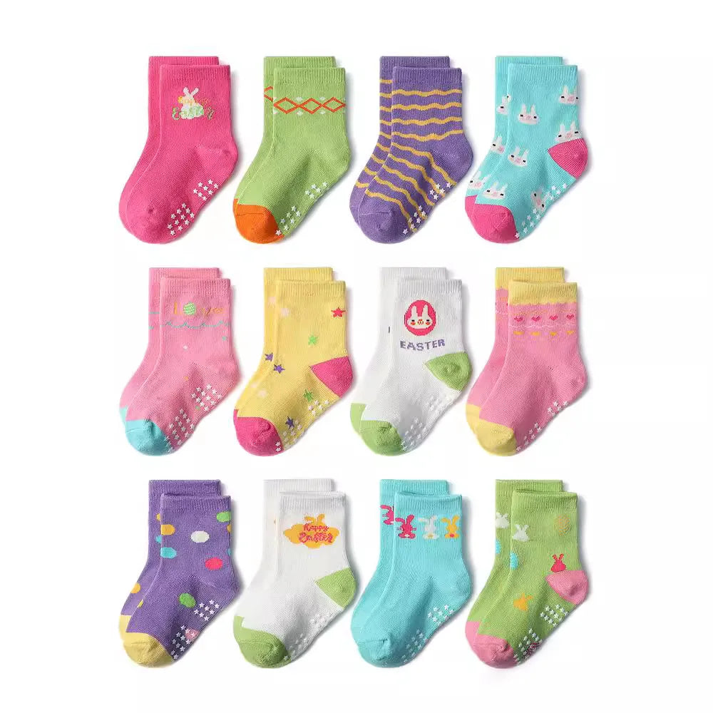 1/3/6/9/12 Pairs Kids Socks Sets for Baby Girls Cotton Non-slip Cute Cartoon Patterned Breathable Baby Trampoline Floor Socks