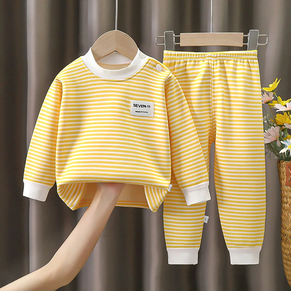Baby Warm Clothing Set Fleece Lined Children Boys Girls Striped Underwear Sleepwear Set Ideal for Home Pajamas Autumn Winter