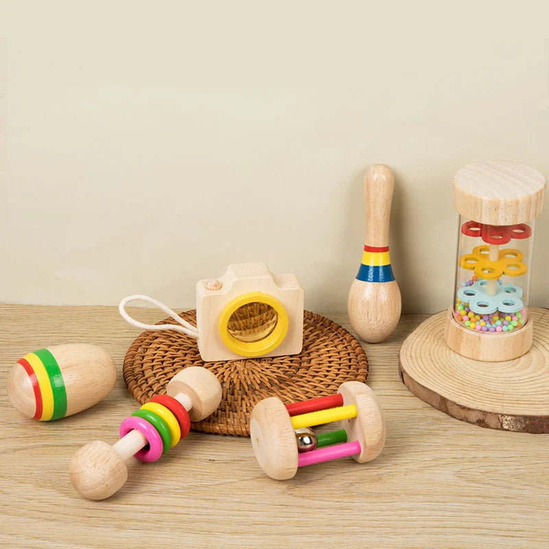 6pcs/set Wooden Musical Instruments Toys, Small Rattle, Sand Hammer, Sand Ball, Shake Bell Kaleidoscope, Griping Practice Toys