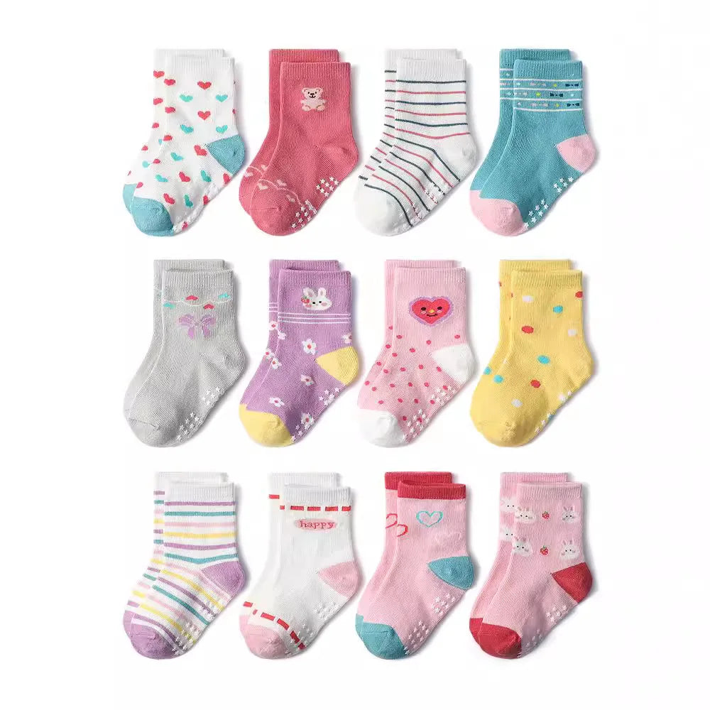 1/3/6/9/12 Pairs Kids Socks Sets for Baby Girls Cotton Non-slip Cute Cartoon Patterned Breathable Baby Trampoline Floor Socks