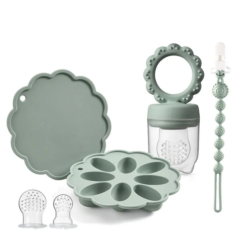 Silicone Baby Fruit Feeder & Mini Freezer Snack Tray & Pacifier Clip BPA-Free Silicone Teether Self-Feeding Extra Food Pouch