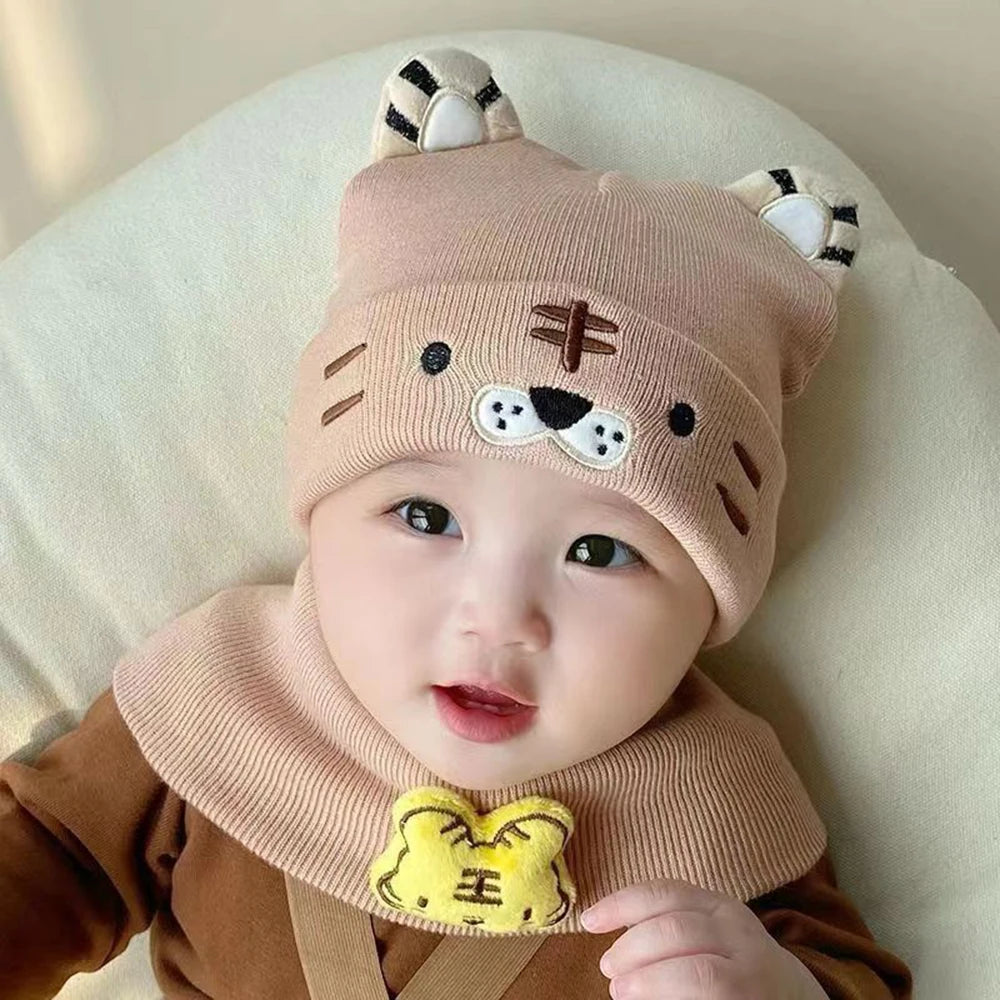 Baby Hat Scarf Two-piece Set Autumn Winter Baby Cute Tiger Woolen Beanies Hats Warm Newborn Boys Girls Caps For Kids 0-12 Month