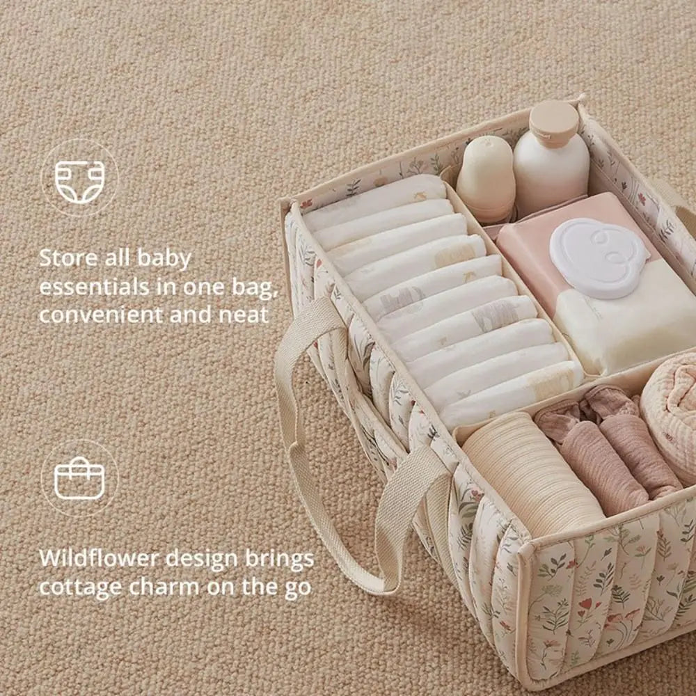 Large Capacity Baby Diaper Organizer Portable Floral Nursery Storage Basket Newborn Essentials Baby Diaper Storage Bag