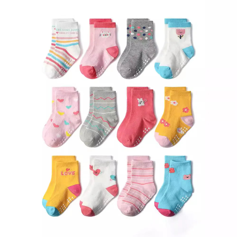 1/3/6/9/12 Pairs Kids Socks Sets for Baby Girls Cotton Non-slip Cute Cartoon Patterned Breathable Baby Trampoline Floor Socks