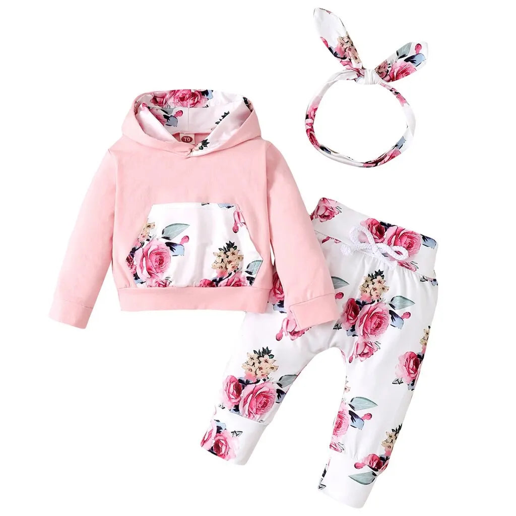 0-18 Months Toddler Baby Girl 3PCS Hooded Clothes Set Flowers Print Long Sleeve Top+Pant+Bowknot Headband Fashion Autumn Outfit