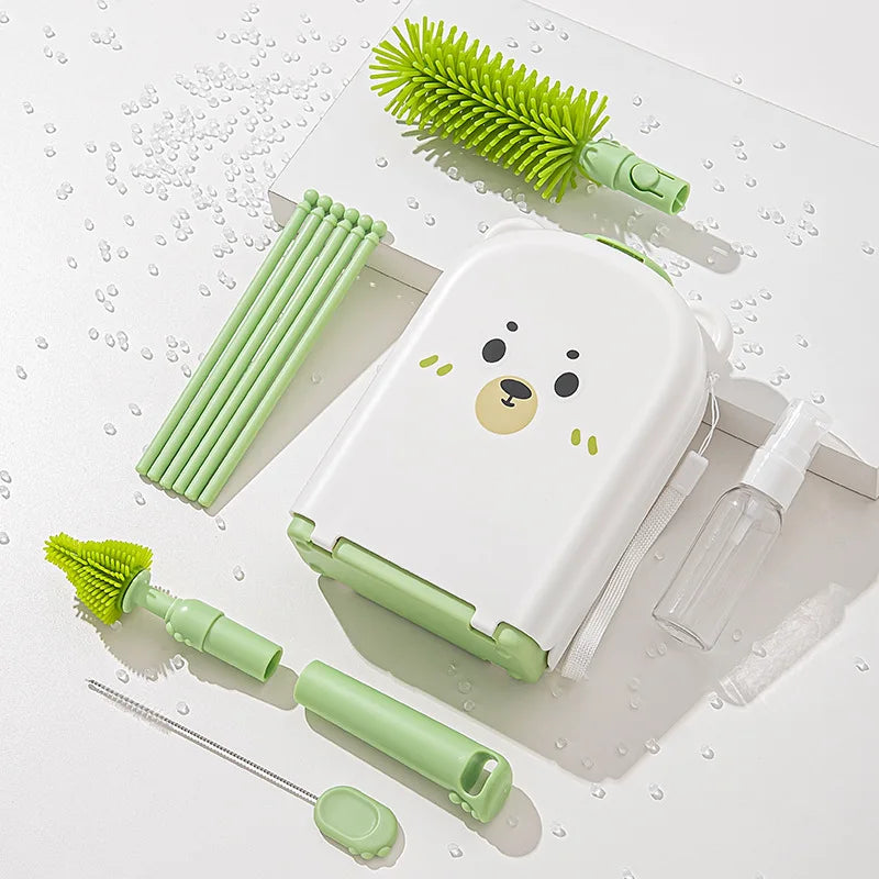 Travel Baby Bottle Brush Set - Newborn Safe Silicone Cleaning Brushes with Storage Box for Bottles, Nipples & Accessories