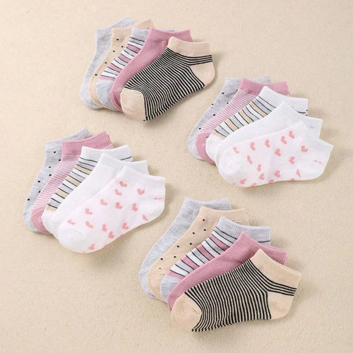 10 pairs adorable kid's socks - comfortable socks suitable for boys and girls, featuring stripes and heart-shaped patterns